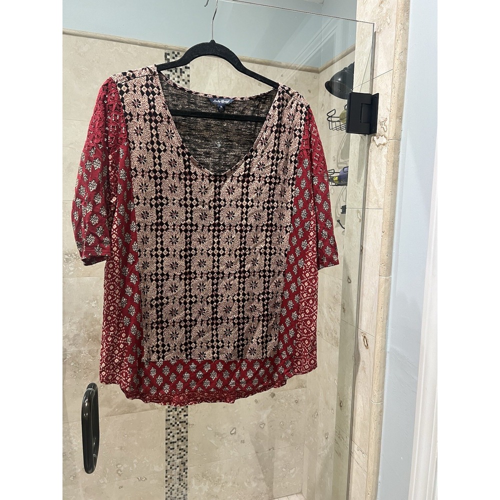 Lucky Brand Womens XL Red Brown Color Block Lace Trim V-Neck Top RN 80318